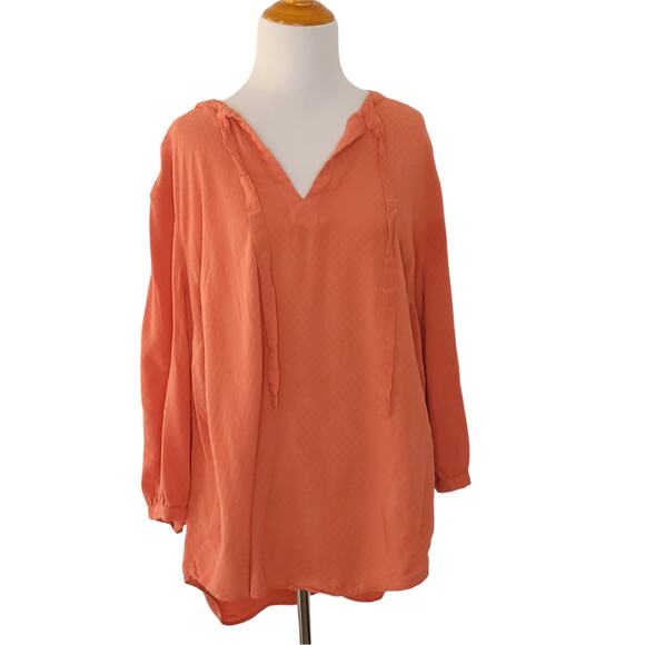 Torrid Coral Dobby Peasant Blouse Popover Rayon Tie Neck 2 - Picture 1 of 11